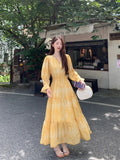 MQTIME  -  Women Print Yellow Mid-calf Dress Deep V Ruffles Flared Sleeve Spring Autumn Female Elastic High Waist Robe