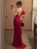 MQTIME  -  Backless Dress Women Irregular Skew Collar Ruched Ribbon Mesh Hem Patchwork One Sleeve Elegant Evening Party Bodycon