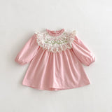 MQTIME  -  Girls' Spring Dress 2025 New Style Children's Ruffled Collar Flower Embroidered Sweet  Princess Dress Kid's Clothing