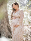  MQTIME  -  Elegant Sequin Maternity Dress Photoshoot Beige Long Sleeve V Neck Pregnancy Gown Vintage Maternity Photography Glitter Dresses