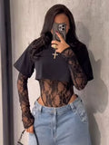 MQTIME  -  Lace T-shirt Top Jumpsuit Women O-neck Full Sleeve Irregular Fit Tops Summer Fashion Female Streetwear Fake Two Pieces
