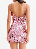 MQTIME  -  Sequins Glitter Evening Party Mini Dress Women Sleeveless Backless Slim Zipper Sexy Shining Dresses A-line Solid Sexy Lady Robe