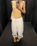 MQTIME  -  Casual Lace Patchwork Elastic Waist Trouser Women Chic High-waisted Lace-up Loose Wide-leg Ninth Pants Lady Street Trousers