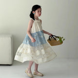MQTIME  -  Girls Dress Spring and Summer New Childrens Clothing Korean Style Girl Baby Lace Splicing Flower Hanging Neck Halter Dress