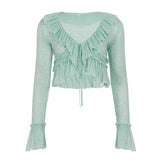  MQTIME  -  Y2k Sweet Solid Bandage Ruffles Neck Lace-up Patchwork Irregular Design Short Cardigan