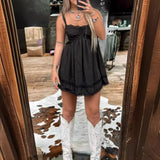  MQTIME  -  Sexy Lace Splicing Suspender Dress Fashion Slim Solid Color High Waist A-line Folds Mini Dress Casual Vacation Style Dresses