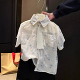 MQTIME  -  Boys' Suit Spring/summer New Children's Clothes Korean Boy Baby Tie Print Shirt Embroidered Shorts Two-piece Set