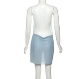 MQTIME  -  Blue Halter Neck Dress Sexy See-through Backless Sleeveless 3d-water-droplet Women's Mini Dress Summer Beach Vacation Robe