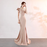 MQTIME  -  Women One Shoulder Evening Dress Solid Color Summer Ruffles Maxi Dresses Sexy Slash Neck Party Long Dress Elegant Streetwear