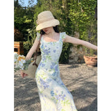 MQTIME  -  French Traditional U Neck Temperament Slim Printed Fairy Vacation Beach Style Long Dress