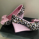 MQTIME  -  Women Pink Leopard Print Peep Toe Wedge High Heel Pumps Bow Decor Sweet Gal Y2K Shibuya Harajuku Kawaii Party Dress Shoes