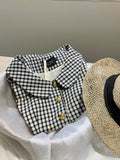  MQTIME  -  Summer French Vintage Plaid Print Peter Pan Collar Short Sleeve Single Breasted Women Shirt
