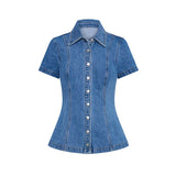MQTIME  -  Women Vintage Short Sleeve Denim Top Short Skirt Sets Lapel Pleat Slim Buttons Shirt Dress 2 Piece Outfits Soild High Street Set