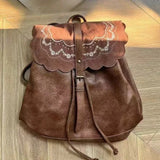  MQTIME  -  Maillard Style PU Leather American Retro Sweet Floral Large Capacity Backpack Traveling Bag Schoolbag Woman Bag