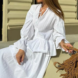 MQTIME  -  Design Ruffled Loose Dress Women's V-neck Tie Bell Sleeve White Commuter Long Dress