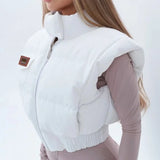 ﻿ MQTIME  -  Solid Cotton Padded Coat Vests Women Fashion Warm Stand Collar Sleeveless Zipper Parkas Jackets 2025 Fall Winter Puffy Crop Tops