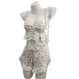  MQTIME  -  Floral patchwork camisole shorts pajama set, rustic style, spring and autumn pure desire thin home clothes for girls