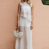 MQTIME  -  Summer O-neck Sleeveless Vest Top & Long Skirt Outfits Casual Loose Women's Holiday Suits White See Through Mesh Two Piece Set