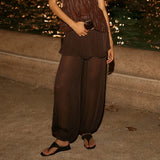MQTIME  -  Women's Long Bloomers Layered Skirted Pants with Belt Tied Sheer Balloom Mid Rise Sheer Slips Bubble Culottes Bottoms