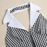  MQTIME  -  Zipper Plaid Loose Jumpsuits Women Fashion Turn-down Collar Halter Backless One Piece Jumpsuit Casual Straight Rompers