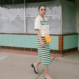 MQTIME  -  New Trendy Womens Striped Knit Two Piece Set Lapel Hollow Out Short Sleeve Top with Skirt Fashion Summer Outfit