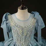 MQTIME  -  Luxury Arabic Flower Girl Dress Dubai Blue Pearls Beaded Princess Gown for Kid Birthday Wedding Party Pageant J020