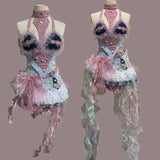 MQTIME  -  Vietnam Pink Denim Patchwork Lace Vintage Jazz Female Group Live Performance Outfit Sexy Women Dance Stage Party Birthday Wear