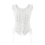 MQTIME  -  2024 New Summer Pure White Sleeveless Vest-style Lace-up Round Neck Lace Drawstring Y2k Top With A T-shirt Inside And A Bottom