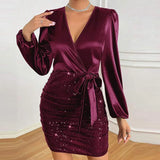 Mqtime Elegant 2024 Long Sleeve Women Party Dress Sexy Sequins Deep V-Neck Bodycon Mini Dress Fashion Club Lace-up Wrap Velvet Dress