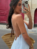 MQTIME  -  Backless Blue Pleated Vacation Dress Women's Sexy Spaghetti Strap Loose V-neck Robes Lady Holiday Beach Party Gowns Summer