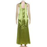 MQTIME  -  Elegant Pleated Satin Birthday Party Maxi Dress with Scarf Ribbon Women Sexy Spaghetti Straps Backless Vacation Long Robe
