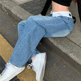 Mqtime Korean Letter Printed Loose Y2K Casual Jeans Women Spring New High Waist Flap Fashion All-match Wide Leg Pants