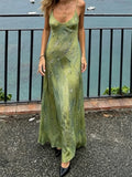 MQTIME  -  Temperament V Neck Spaghetti Strap Sleeveless Low Waist Vintage Vacation Long Women's Dress