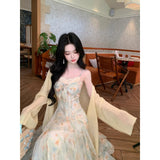MQTIME  -  Summer Floral Printed Long Dress Women Patchwork Lace Chiffon Fairy Dress Casual Gold Stamping Bow Tie Suspender Dress
