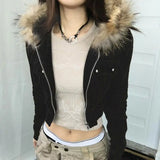 MQTIME  -  Cropped Trendy Velvet Pocket Cargo Jacket, High-waisted Skinny Hottie Fur Hooded Sweatshirt