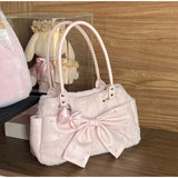 MQTIME  -  Sweet Utility Tote, Plush Deer Spot Bag With Lace Bow, Lolita Style Large Capacity Crossbody, Brown Pink Soft Shoulder Bag