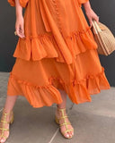 MQTIME  -  Orange Ruffles Midi Dress For Women Lantern Sleeve Button Solid Dress With Belt Daily Vacation Party Vestido