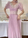 MQTIME  -  French Puff Sleeve Women Dress For Summer New Vintage Slim Waist Party Midi Dresses Chic V-neck Lace Lady Vestidos Robe A-line