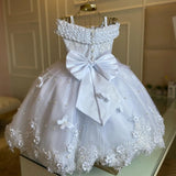 MQTIME  -  Cute White Pearls Flower Girls Dress First Birthday Princess Bow Back Tulle Christmas New Ball Gown Photoshoot Party