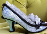 MQTIME  -  Mint Blue Lace Round-Toe Pumps Black Satin Bows White Lace Trim Low Block Heel Sweet Style Footwear for Cosplay Tea Party Looks