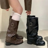 MQTIME  -  Women's Mid Calf Boots Fashion Stack Slouch Boots Punk Style Soft Leather Casual Shoes for Woman Designer Shoes Botas Mujer