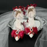 MQTIME  -  pointed toe heel white red y2k high heel Lolita wedding shoes bridal heel bow pearl Y2k boots heel lace stiletto heels