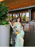 MQTIME  -  Green Tie-dye Mesh Suspender Dress Women's Summer High-end Seaside Vacation Slim-fitting Hip-wrapped Dress