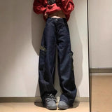  MQTIME  -  Vintage Spliced Leopard Pockets Jeans Loose Wide-Leg Denim Pants Safari Hip Hop Spliced Casual Punk Grunge Trouswers Korea Women