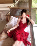 MQTIME  -  Woman Dresses Floral Printed Sleeveless Halter Irregular Ruffles Bow Bandage Backless Sexy Mini Dress Sweet Elegant Party