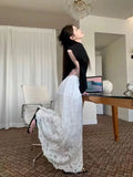 MQTIME  -  French Vintage White Skirt Summer New Heavy Industry Lace Mid length A-line Elastic High Waist Slimming Long Skirts for Women