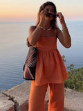  MQTIME  -  Orange Drawstring Women Wide Leg Pants Suit Elegant Sleeveless Ruffles Pleated Hem Sling Tops Lady Two Piece Set Street Outfits