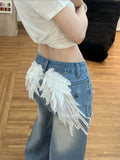  MQTIME  -  American Vintage Wings Patch Hot Diamond Ripped Jeans High Street Spice Girl High Waist Wide Leg Trousers Women Jeans