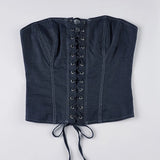 MQTIME  -  Casual Solid New Dress Sets Women Summer Bandage Lmitation Denim Tube Tops Mid-Waisted A-Line Mini Skirts Two Piece Suits