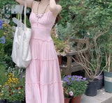 MQTIME  -  Two-piece Suit Women's Pink Gentle Suspender Dress Women's Summer New Vacation Style Seaside Fringed Blouse